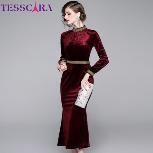 TESSCARA Women Long Vintage Beading Velvet Dress Festa Female Designer Elegant Office Party Robe High Quality Cocktail Vestidos