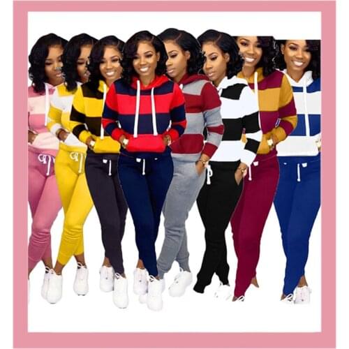 Winter Womens set Tracksuit Striped Hoodied Sweatshirt Pockets Pants Suit Two Piece Set Outfits Matching sweatsuit Clothing