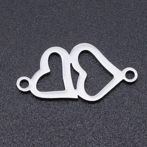 5pcs/lot 100% Stainless Steel Double Heart Connector Charms Wholesale Bracelets Pendants Never Tarnish Top Quality
