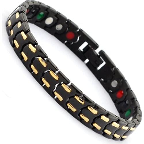 Wollet Jewelr 5 in 1 Health Energy Infrared Germanium Negative Ion Magnetic Gold Black Stainless Steel Bracelet Bangle Women Men