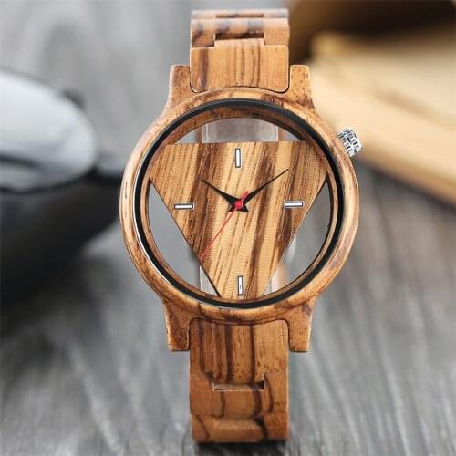 Carving Triangle Transparent Hollow Dial Wooden Men Watch Quartz Wristwatch Natural Zebrawood Bangle Wristband Male Timepiece
