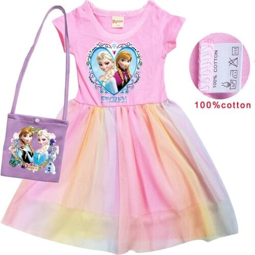 Disney Frozen Elsa Girls Kid Dress+bag Colour Gauze Pleated Princess Patchwork Dress Cute Cartoon Printed Baby Child Clothes