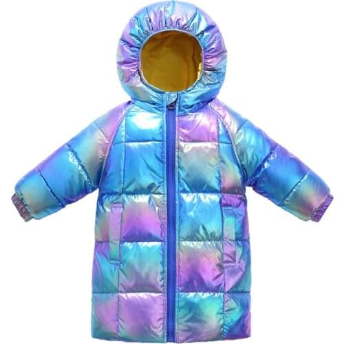 Long hooded coat for boys and girls Winter 2020 new colorful bright face childrens long jacket girls jacket down coat