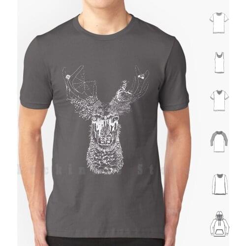 Nature Deer ( White ) T Shirt Big Size 100% Cotton Deer Nature Black And White Stag Plants Forest Spirit Nature Guardian