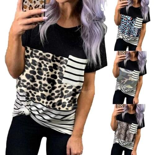 Stylish T-shirt Short Sleeve Breathable Cotton O Neck Leopard Patchwork T Shirts for Women Casual Leisure Bottoming Top T Shirt
