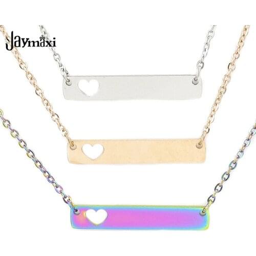 Jaymaxi Hollow Heart Blank Bar Pendant Necklace Stainless Steel Mirror Polished 35*6mm DIY Personalized Necklace 18" Chain