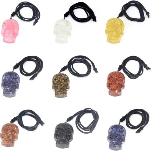 KFT Natural Stones Orgonite Orgone Healing Crystal Quartz Reiki Energy Orgone Skull Stone Pendant Rope Necklace For Women Men