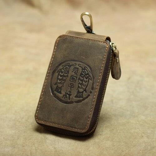 Crazy horse leather Car Key Wallet Men Key Holder Housekeeper Covers Zipper KeyCase Bag chinese egendary dragon tiger Pisces