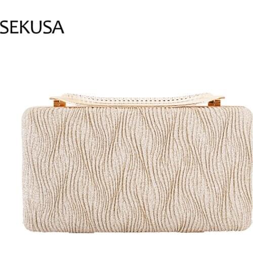 Metal Luxury Party Women Evening Bags Ruched Sequined Day Clutch Chain Shoulder Handbags Golden Crossbody