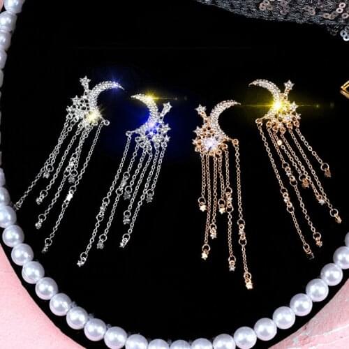 Fashionable Moon and Blinking Stars Chain Tassel Earring Women`s Post Earrings