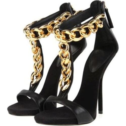 Shofoo shoes.Stylish new womens shoes, black fabric, gold chain, sandals stiletto, ladies sandals, womens shoes. SIZE:34-45