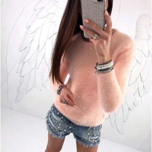 Autumn Winter Sweater Ladies Fashion Faux Pearl Beading Solid Color Sweaters Plush Long Sleeve Pullover Warm Sweater Femme