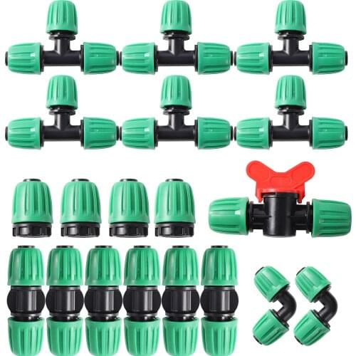 16mm Pipe Tee Elbow Straight Locked Connector Water Control Valve 16mm Pipe Convert 4/7mm Hose Fittings Garden Water Joint 19Pcs