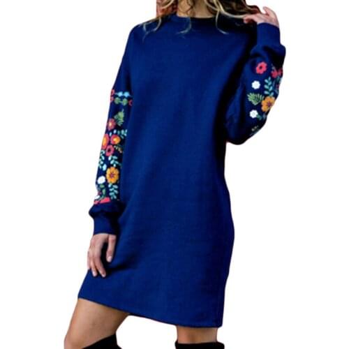 Autumn Winter Women Fashion Mini Dress Large Size Elegant Printing Long Sleeve O-Neck Loose Warm Dress 4 Colors New