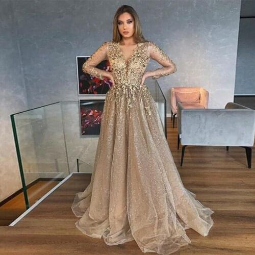 Sexy Illusion Champagne Vestido de baile V Neck Long Sleeve Beaded A Line Long Prom Dresses