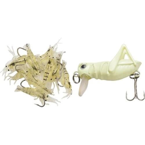 5X Luminous Fishing Lure Artificial Locust Grasshopper Lures Insect Shape Hard Bait & 10Pcs 4Cm Fishing Soft Shrimp Lure