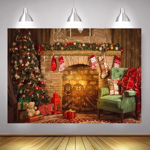 Winter Fireplace Christmas Backdrop Photography Photo Studio Brick Wall Sofa Sock Christmas Tree Background Gifts Bell Props