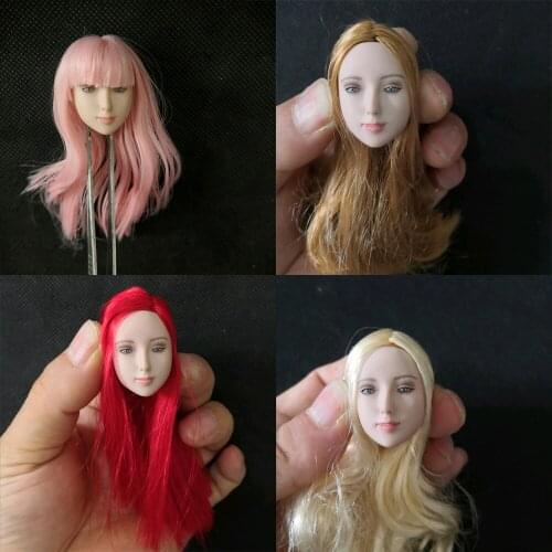 1/6 Female Head Sculpt Carving Round Pale Face Pink Hair Student Head Carving Fit 12" Female Figure Body Toy