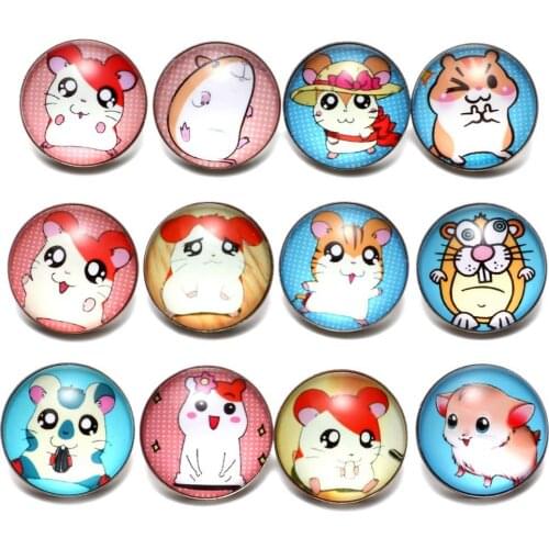 12pcs/lot Lovely Mouse Theme 18mm Glass Snap Button Charms For 18mm Snaps Bracelet Snap Jewelry KZ0649