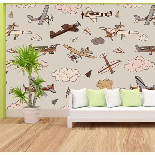 3d Cartoon Plane Sky Wall Papers Home Decor Colorful Mountain Balloon Simple Stripe Wallpapers for Living Room Boys Walls Murals
