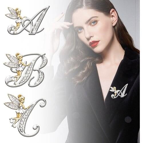 Metal Crystal Brooch Pin For Women Girls 26 Letters Flower Fairy Brooches Lovely Fairy Wing Brooch Pins Jewelry