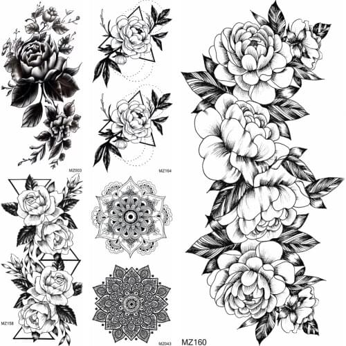 Black Flower Temporary Tattoos Sticker Geometric Rose Mandala Flower Tatoos Realistic Fake Waterproof Tattoos For Women Body Art