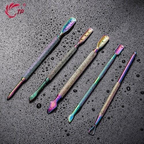 TP 2 Way Rainbow Stainless Steel Nail Cuticle Pusher Tweezer Nail Art Files UV Gel Polish Remove Manicure Care Groove Clean Tool