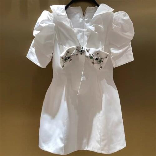 French heavy industry beaded ruffled dress women v-neck high waist puff short-sleeved a-line party dress