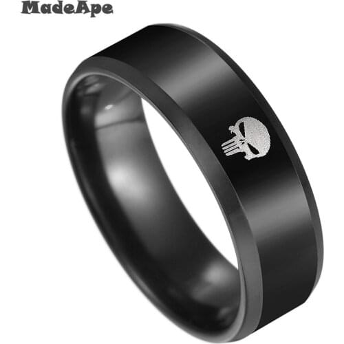 MadApe 8mm Skull Symbol Rings Stainless Steel Top Quality Black Color Ring For Women Men Party Rings Big Size 6-12