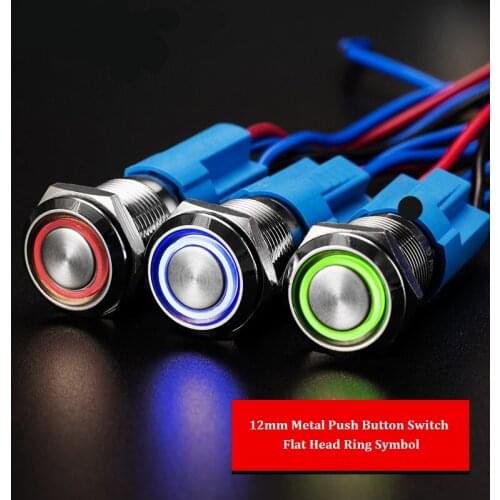 Metal Push Button Switch 12mm Waterproof Self Locking/Momentary Flat Head Ring Symbol LED Light for Doorbell Computer with Plug