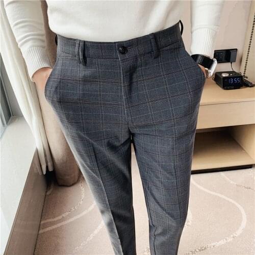 2021 New Men Dress Pants Plaid Business Casual Slim Fit Ankle Length Pantalon Classic Vintage Check Suit Trousers Wedding 28-38