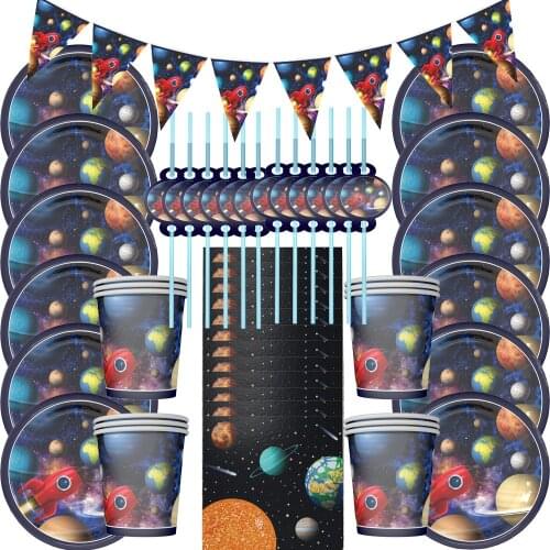 Astronaut Spaceship Solar Space Party Supplies Set Planet System Theme Kids Birthday Party Event Paper Cups Napkins Decor
