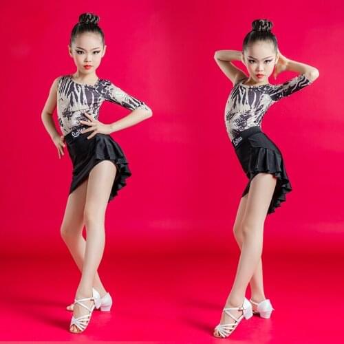 2021 New Summer Gray-Striped Childrens Latin Dance Costumes Performance Dress Girls Practice Clothes Latin Skirt Suits Fashion