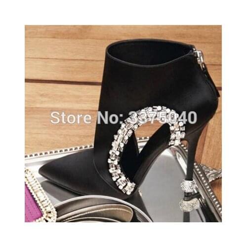 New Black Pointed Toe Women Ankle Boots Hollow Out Rhinestone Summer Boots High Heels crystal pointed toe black Women boots