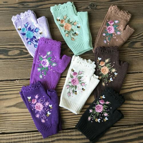 Womens Autumn Winter Warm Gloves Handmade Embroidery Knitted Driving Gloves Girls Fingerless High Quality Mittens