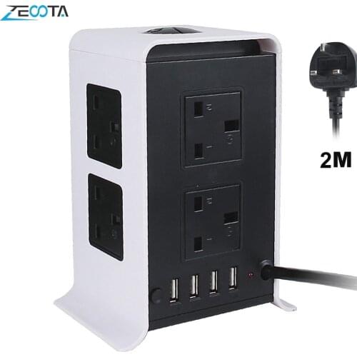 Tower Power Strips Surge Protector Overload Protection 8 Way Leads Outlets 4 USB Charger Ports 2m/9.8ft Extension Cord Office