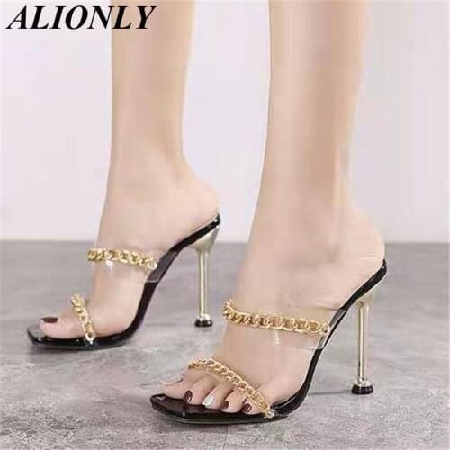 ALIONLY Brown Clear PVC Transparent High Heel Slippers Fashion Chain Design Slip On Square Toe Slides for Women 2021 Summer