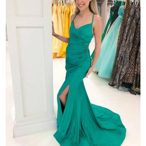 V-Neck Long Satin Mermaid Green Evening Dresses with Slit Spaghetti Floor Length Criss Cross Back Formal Party Gowns for Women