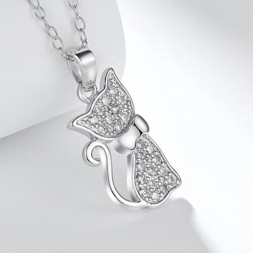 DY 925 Sterling Silver Necklace White Cubic Zirconia Solid Lively Cat Animal Pendant Chain Necklace For Female Trendy Jewelry