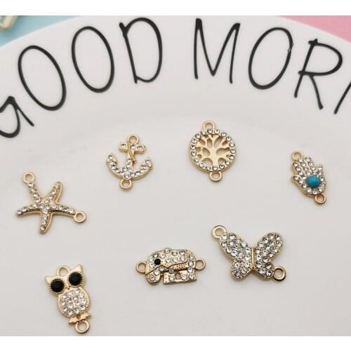 10pcs Rhinestone Owl Butterfly Alloy Connector Charms For DIY Life Tree Star Bracelet Earring Pendants Jewelry Accessories FX312