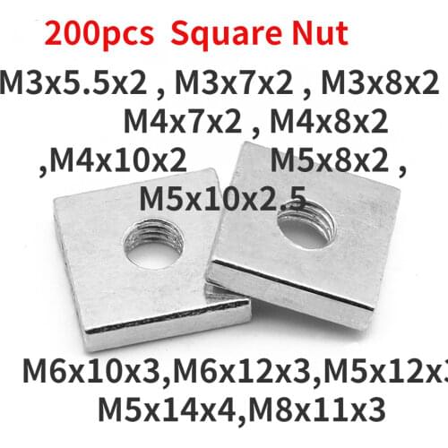 200pcs GB39 DIN 562 Square Nut Thin M3 M4 M5 M6 Carbon Steel Quadrangle Block Compatible with Prusa MK3 Galvanized Zinc Plated
