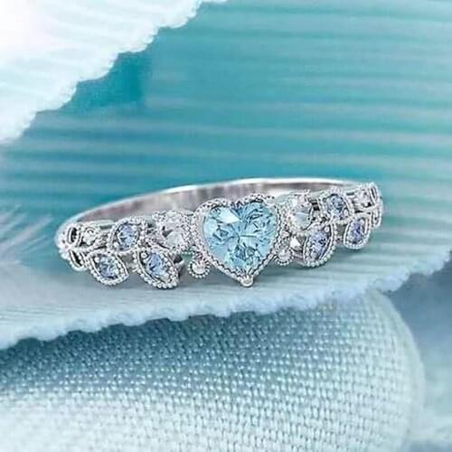 2021 Trendy Elegant Heart Shape Blue Pink Bling Bling Rhinestone Ring For Women Fashion Jewelry Couple Gift