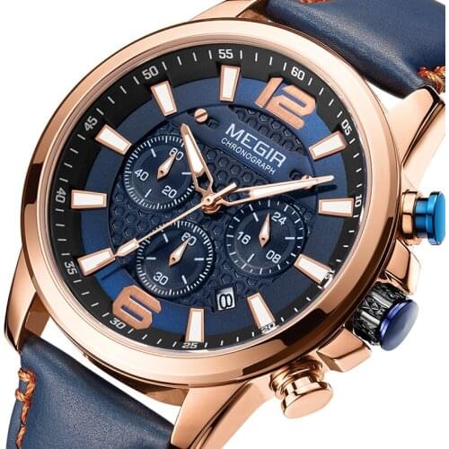MEGIR 2020 New Mens Watches Top Brand Leather Chronograph Waterproof Sport Automatic Date Quartz Watch For Men Relogio Masculino