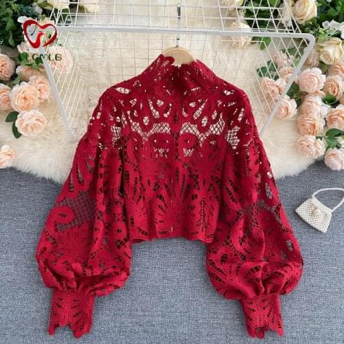 Design Lace Hollow-out Autumn Top European and American Style Exotic Stand Collar Puff Sleeve Loose Sexy Short Shirt blouses