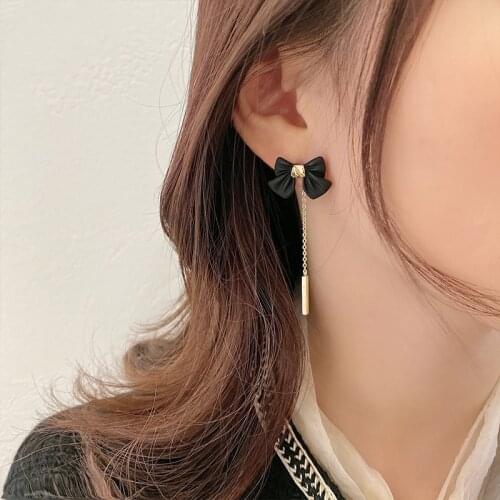 Bowknot Long Chain Tassel Drop Dangle Earrings Black Color for Women Korean 2021 New Fashion Female Girl Elegant Jewelry