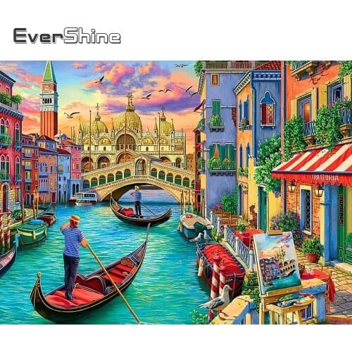 EverShine 5D Diamond Painting Full Square Landscape Cross Stitch Diamond Mosaic Small Town Picture Rhinestones Home Decor