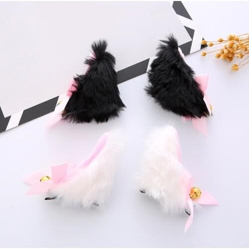 Lolita Plush Hair Clip Cat Ears Headwear Furry Cute Headpiece with Bell Bows Anime Fancy Dress Cosplay Accessories