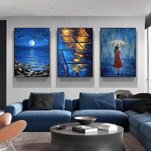 Rainy Day Street Landscape Oil Painting Girl With Umbrella Moon Lake Canvas Painting Blue Style Scenery Poster Living Room Decor