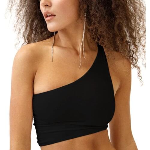 Womens Sexy One-shoulder Open Back Strappy Vest Crop Tank Top Casual Sleeveless Solid Color Hollow Out Lace Up Camisole Summer