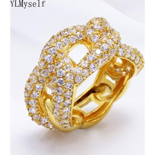 Fashion rings prong setting cubic zirconia stones Gold-color brass jewelry chain link design jewellery high quality female ring